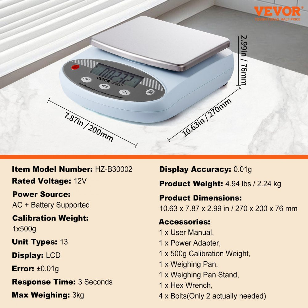 VEVOR Analytical Balance, 3000g x 0.01g Accuracy High Precision Lab Scale, 13 Units Conversion Electronic Scientific Laboratory Scale, LCD Display Digital Jewelry Weighing Scale for Lab, Jewelry
