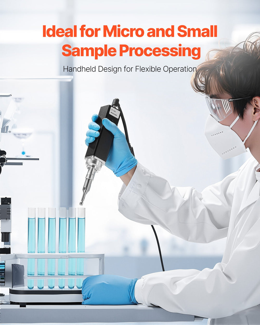 VEVOR handheld ultrasonic homogenizer in use for micro and small sample processing