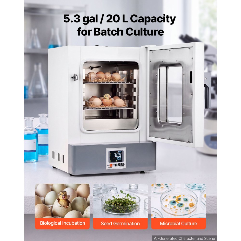 VEVOR Laboratory Incubator 5.3 Gal / 20 L Microbiological Lab Incubator, For Petri Dishes, Room Temp+41℉ to 158℉ PID Temperature Control, with Digital Panel and Glass Door, Constant Temperature