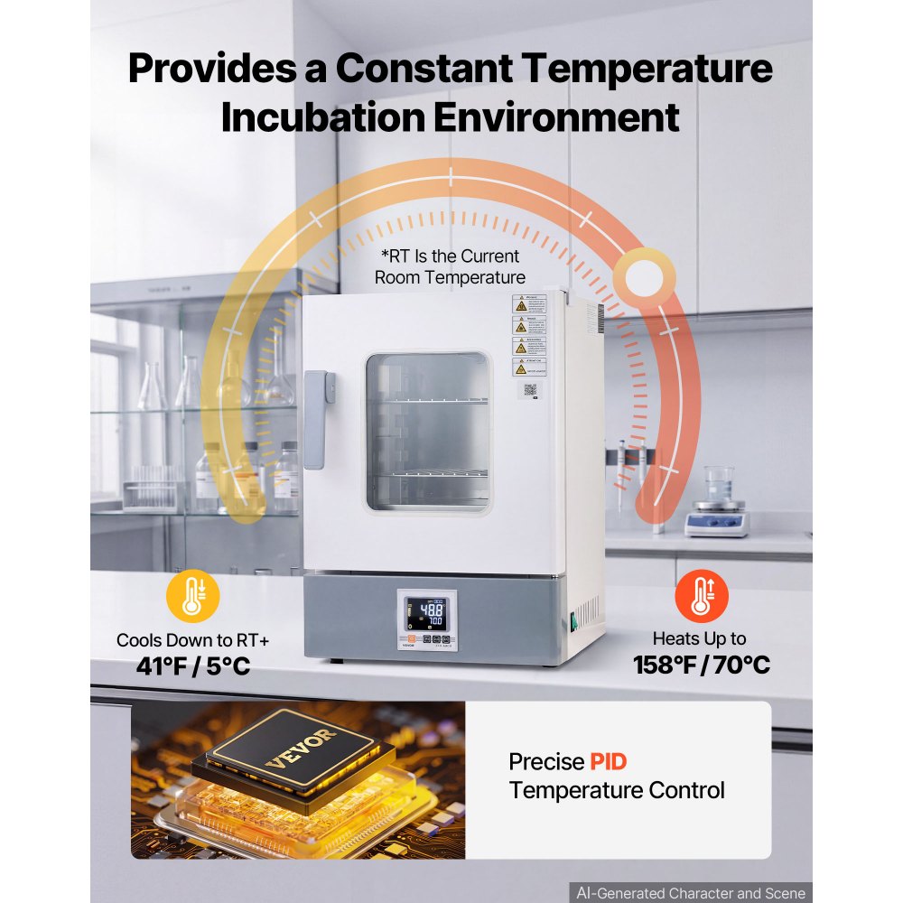 VEVOR Laboratory Incubator 5.3 Gal / 20 L Microbiological Lab Incubator, For Petri Dishes, Room Temp+41℉ to 158℉ PID Temperature Control, with Digital Panel and Glass Door, Constant Temperature