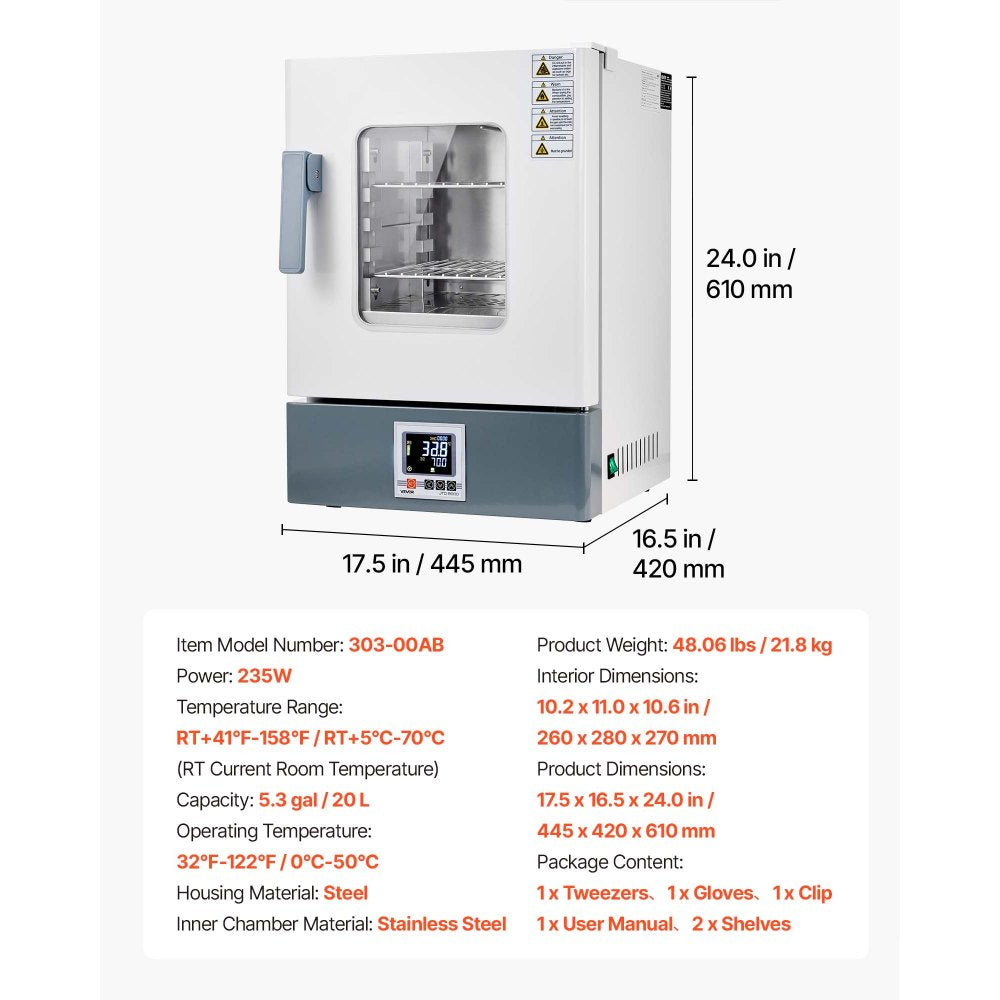 VEVOR Laboratory Incubator 5.3 Gal / 20 L Microbiological Lab Incubator, For Petri Dishes, Room Temp+41℉ to 158℉ PID Temperature Control, with Digital Panel and Glass Door, Constant Temperature