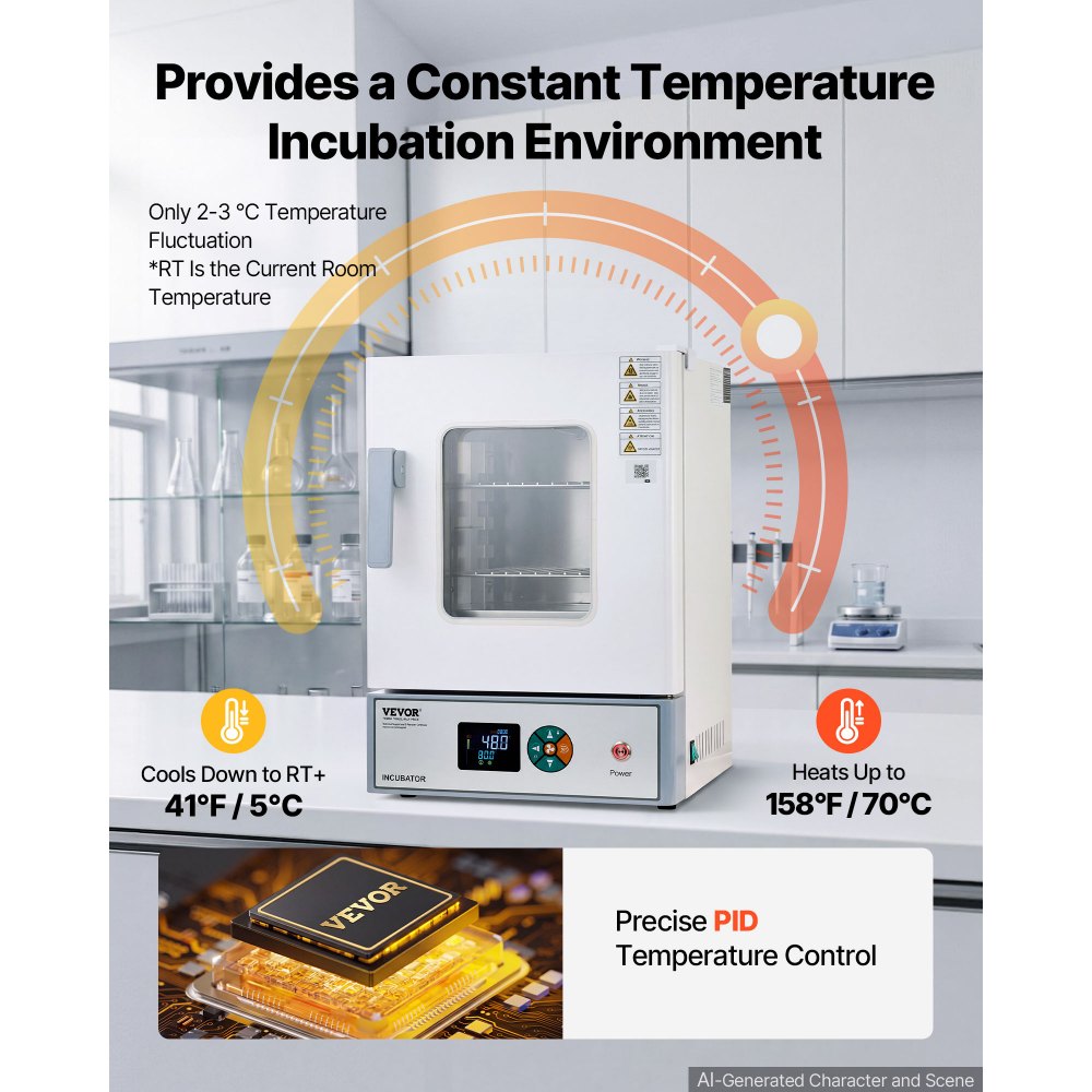 VEVOR Laboratory Incubator 5.3 Gal / 20 L with Adjustable Air Circulation, For Petri Dishes, Room Temp+41℉ to 158℉ PID Temperature Control, Microbiological Lab Incubator, Digital Panel, Glass Door