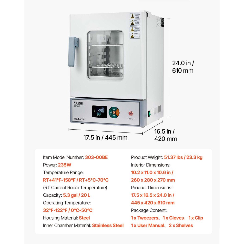 VEVOR Laboratory Incubator 5.3 Gal / 20 L with Adjustable Air Circulation, For Petri Dishes, Room Temp+41℉ to 158℉ PID Temperature Control, Microbiological Lab Incubator, Digital Panel, Glass Door