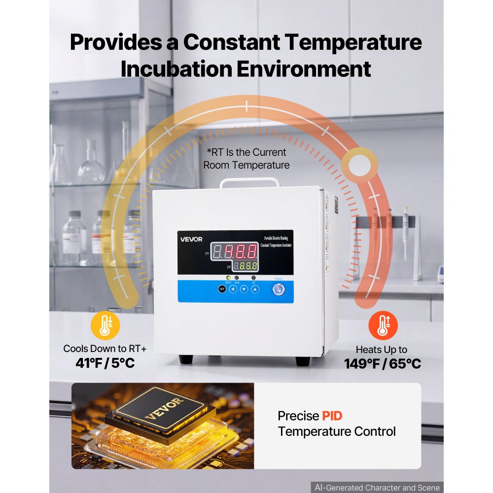 VEVOR Laboratory Incubator 1.6 Gal / 6 L Microbiological Lab Incubator, For Petri Dishes, Room Temp+41℉ to 149℉ PID Temperature Control, Compact & Portable, Digital Panel, Constant Temperature