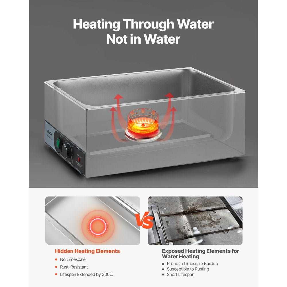 VEVOR Commercial Food Warmer, 1200W Electric Stainless Steel Steam Food Warmer, Fast Heating Countertop Buffet Bain Marie with Two 1/2 Size Food Pans, for Catering, Restaurants, Parties & Buffets