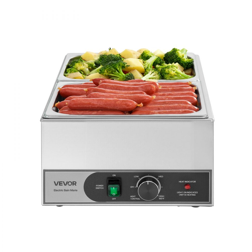 VEVOR Commercial Food Warmer, 1200W Electric Stainless Steel Steam Food Warmer, Fast Heating Countertop Buffet Bain Marie with Two 1/2 Size Food Pans, for Catering, Restaurants, Parties & Buffets