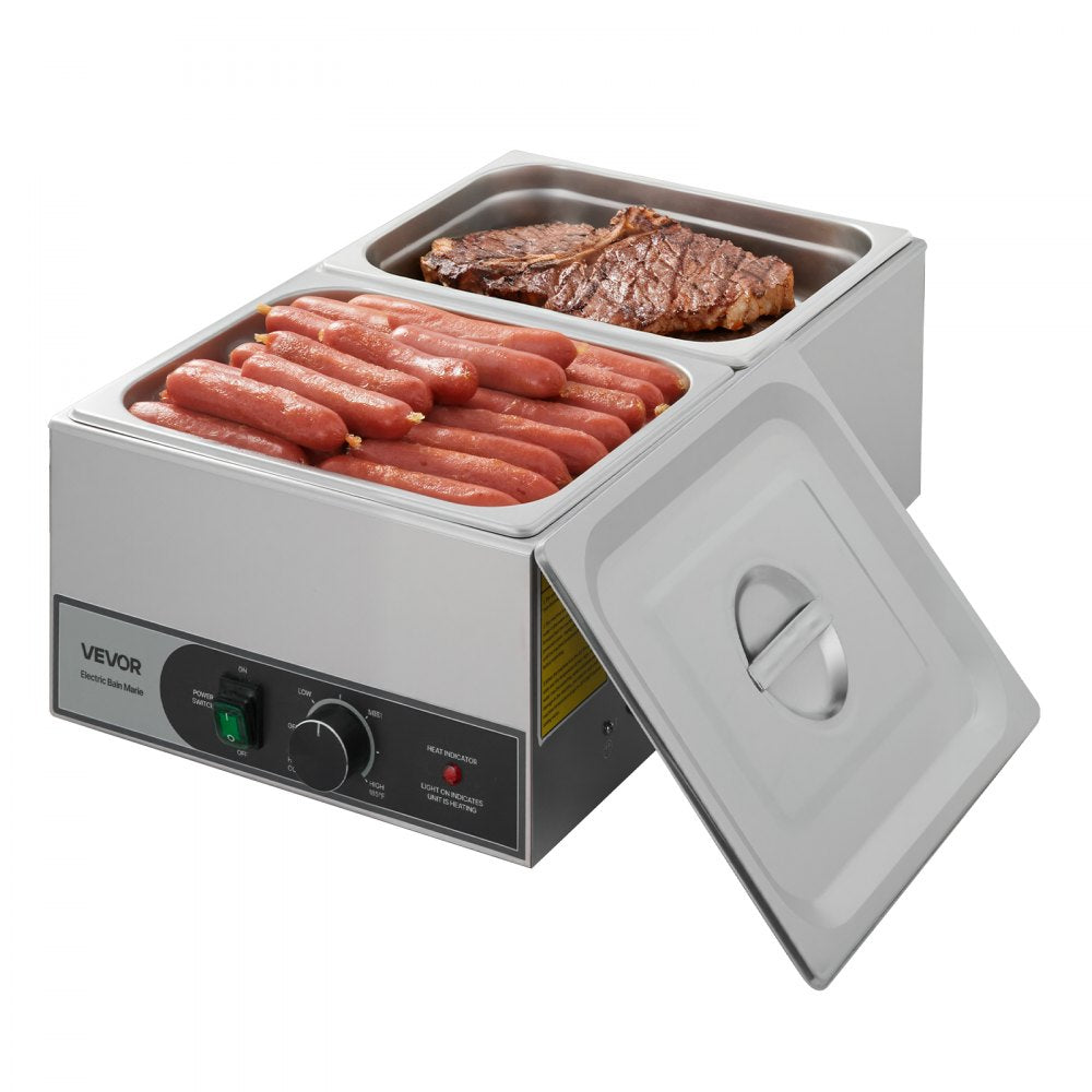 VEVOR Commercial Food Warmer, 1200W Electric Stainless Steel Steam Food Warmer, Fast Heating Countertop Buffet Bain Marie with Two 1/2 Size Food Pans, for Catering, Restaurants, Parties & Buffets
