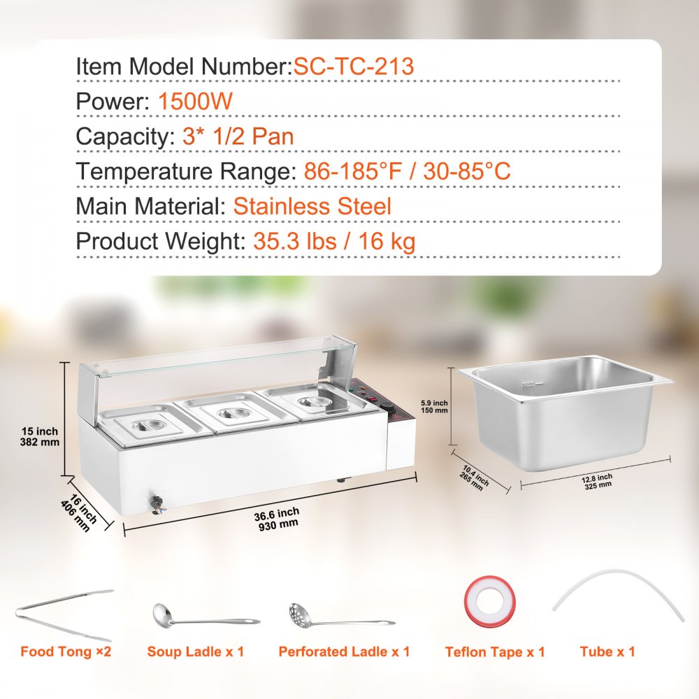 VEVOR 3-Pan Commercial Food Warmer, 3 x 8QT Electric Steam Table with Glass Cover, 1500W Countertop Stainless Steel Buffet Bain Marie 86-185°F Temp Control for Catering, Restaurants, Silver
