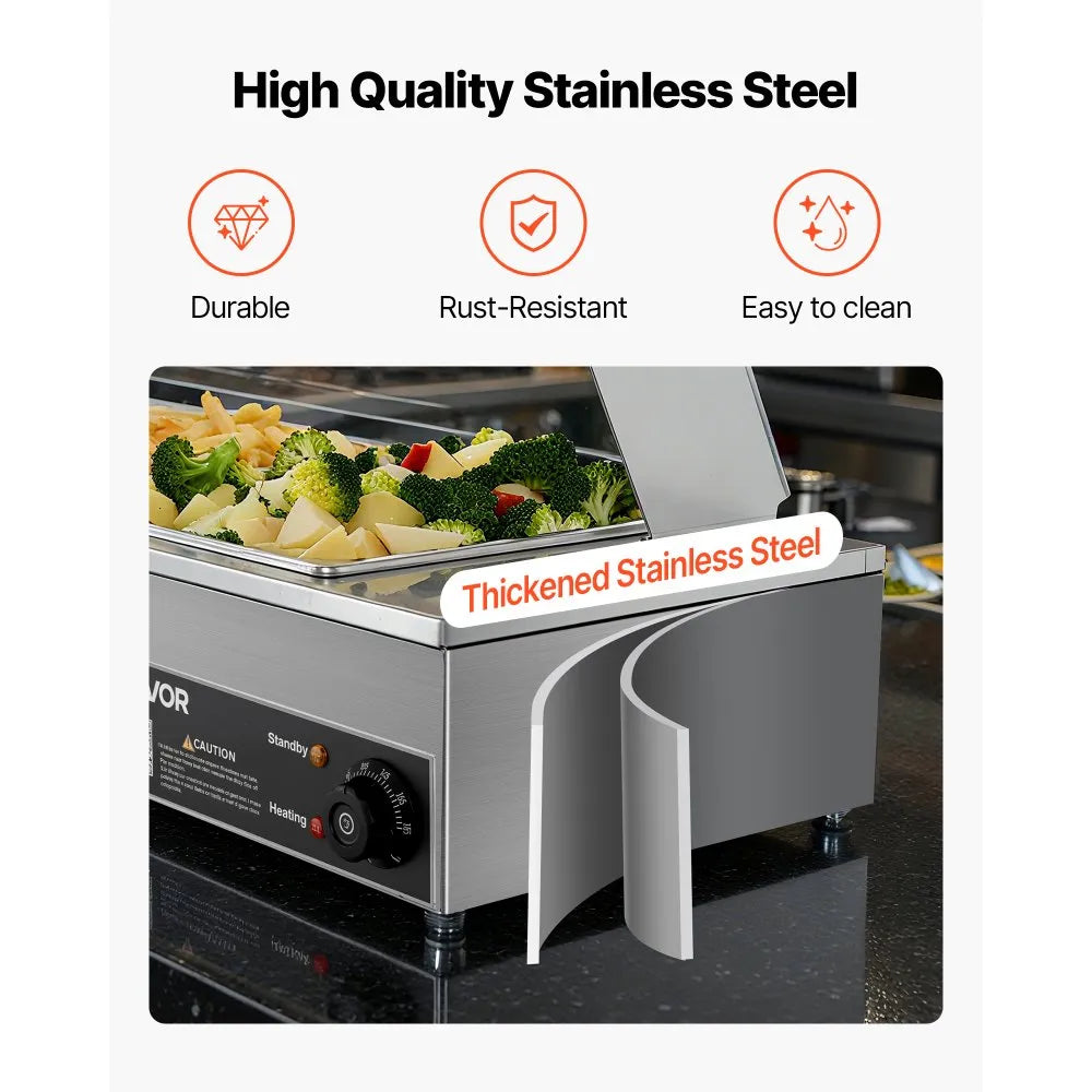 VEVOR Commercial Food Warmer, 1500W Electric Stainless Steel Steam Food Warmer with Glass Cover, Countertop Buffet Bain Marie with Three 1/2 Size Food Pans, for Catering, Restaurant, Party & Buffets