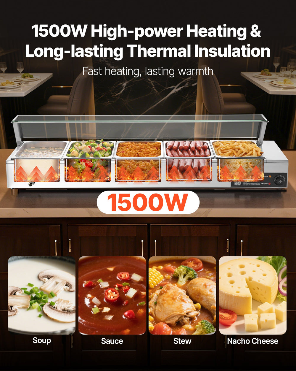 VEVOR Commercial Food Warmer 1500W high-power heating graphic