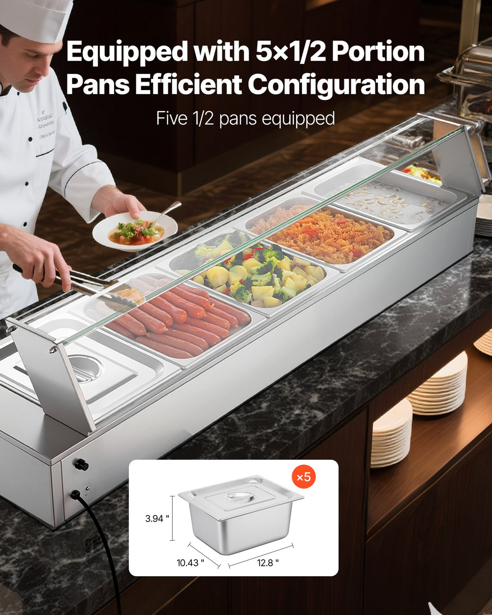 VEVOR Commercial Food Warmer with five 1/2 portion pans graphic