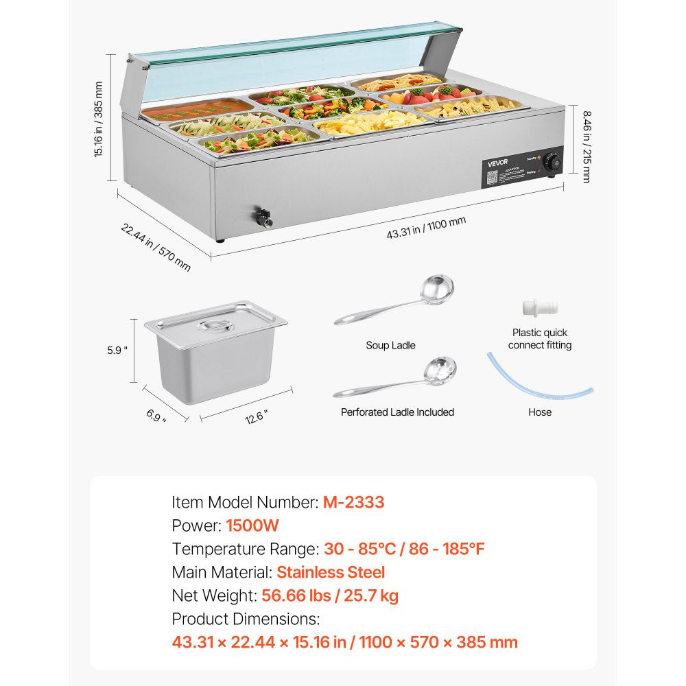 VEVOR Commercial Food Warmer, 1500W Electric Stainless Steel Steam Food Warmer with Glass Cover, 9-Pan Countertop Buffet Bain Marie with Soup & Perforated Ladles, for Catering, Restaurant & Party