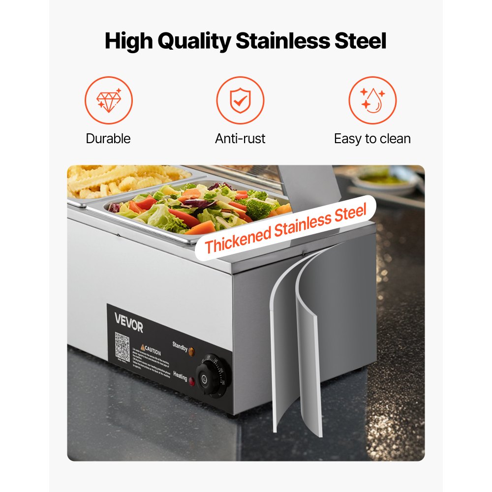 VEVOR Commercial Food Warmer, 1500W Electric Stainless Steel Steam Food Warmer with Glass Cover, 4-Pan Countertop Buffet Bain Marie with Soup & Perforated Ladles, for Catering, Restaurant & Party