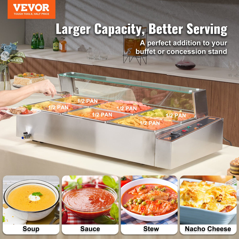 VEVOR 6-Pan Commercial Food Warmer, 6 x 8QT Electric Steam Table with Glass Cover, 1500W Countertop Stainless Steel Buffet Bain Marie 86-185°F Temp Control for Catering, Restaurants, Silver