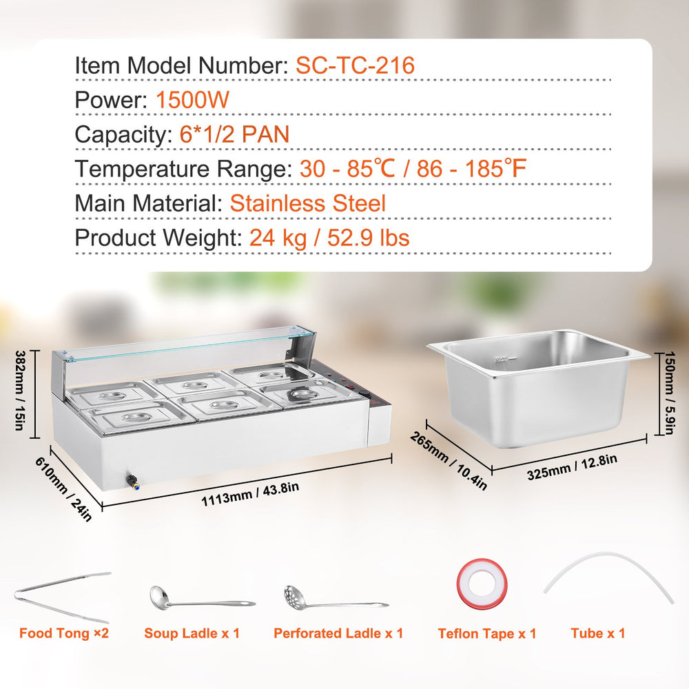 VEVOR 6-Pan Commercial Food Warmer, 6 x 8QT Electric Steam Table with Glass Cover, 1500W Countertop Stainless Steel Buffet Bain Marie 86-185°F Temp Control for Catering, Restaurants, Silver