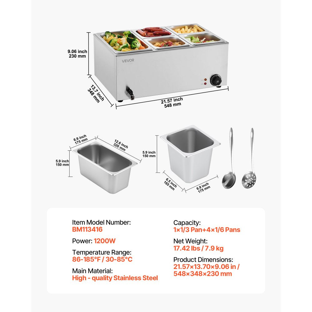 VEVOR 24QT Commercial Food Warmer, 5-Pan Electric Steam Table, 1200W Professional Countertop Stainless Steel Buffet Bain Marie with 86-185°F Temp Control for Catering, Buffet, Parties, Restaurants