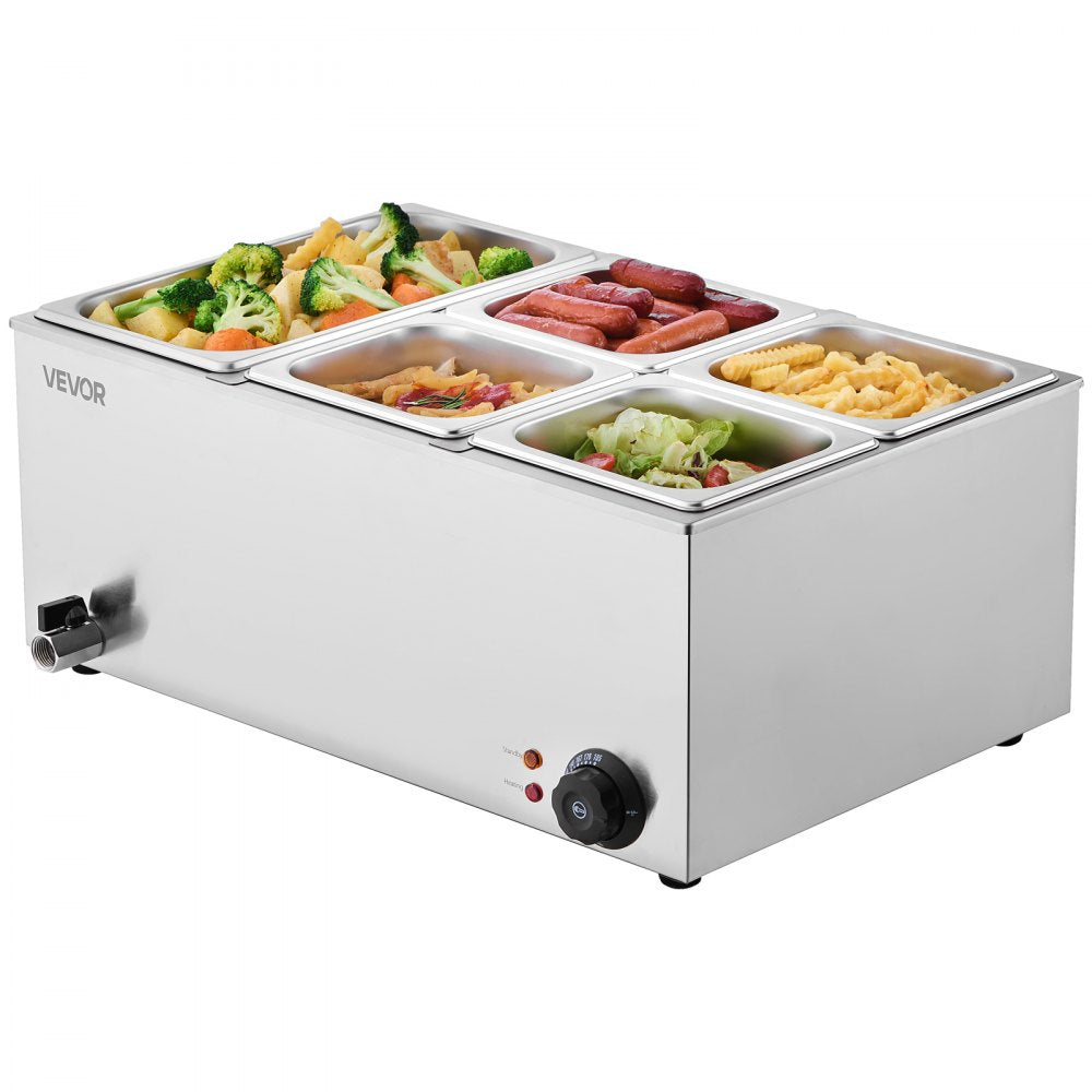 VEVOR 24QT Commercial Food Warmer, 5-Pan Electric Steam Table, 1200W Professional Countertop Stainless Steel Buffet Bain Marie with 86-185°F Temp Control for Catering, Buffet, Parties, Restaurants