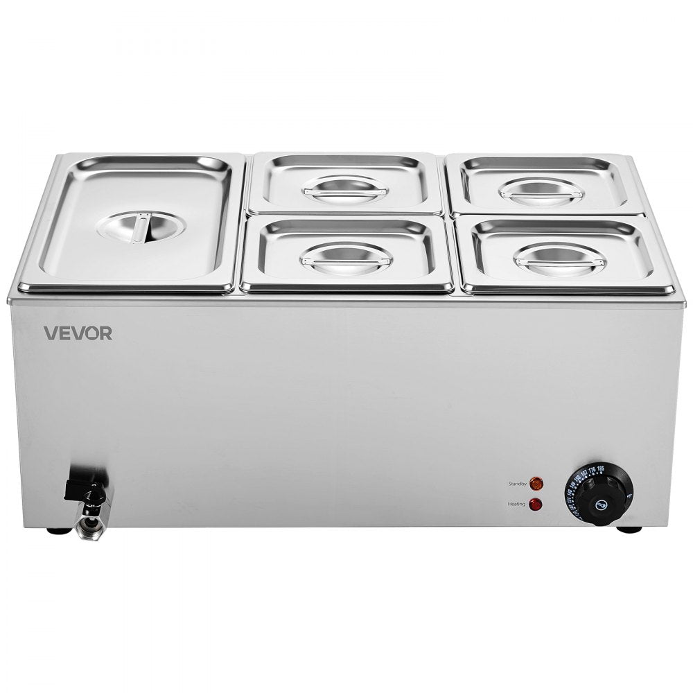 VEVOR 24QT Commercial Food Warmer, 5-Pan Electric Steam Table, 1200W Professional Countertop Stainless Steel Buffet Bain Marie with 86-185°F Temp Control for Catering, Buffet, Parties, Restaurants