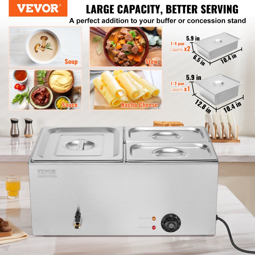 VEVOR 24QT Commercial Food Warmer, 3-Pan Electric Steam Table, 1200W Professional Countertop Stainless Steel Buffet Bain Marie with 86-185°F Temp Control for Catering, Buffet, Parties, Restaurants