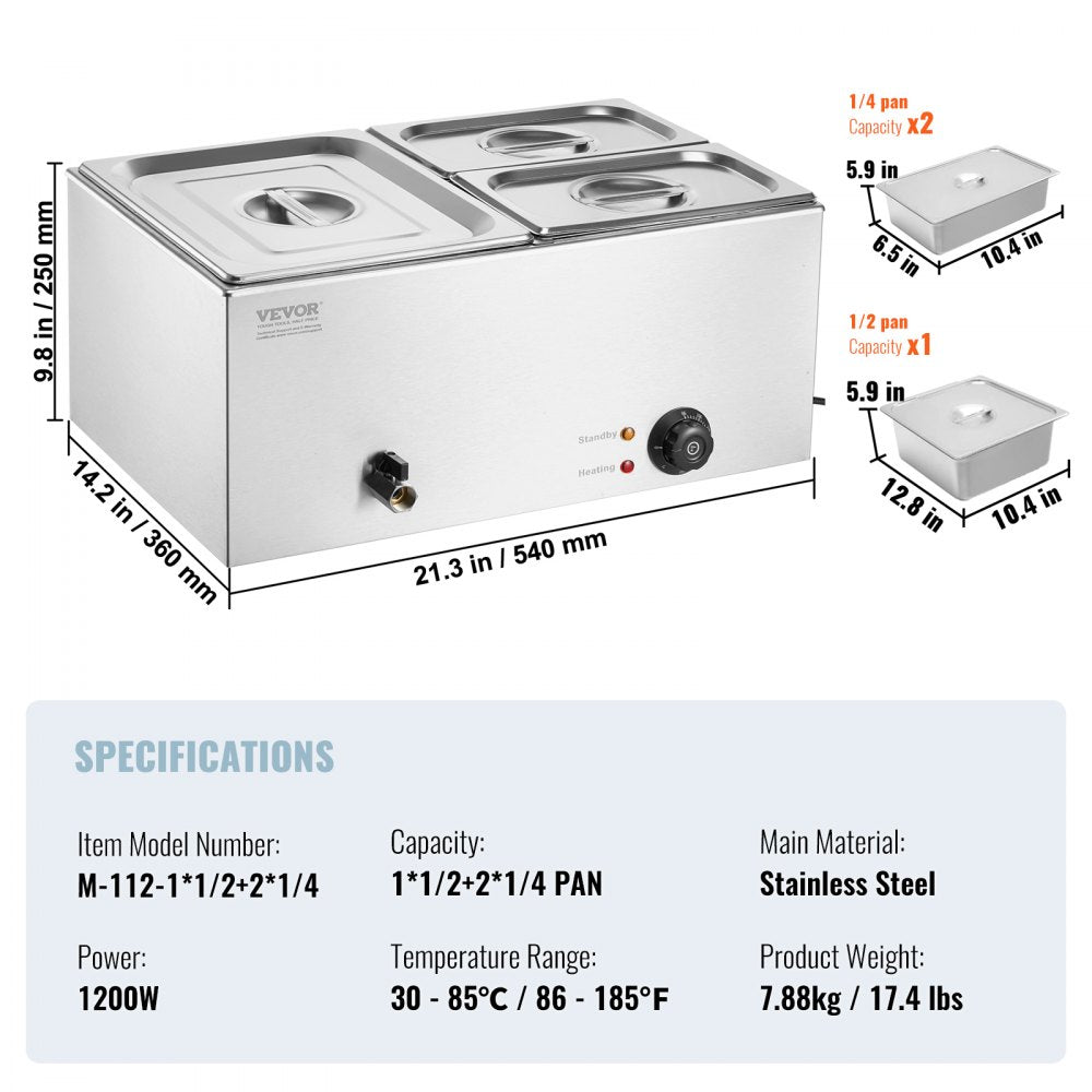 VEVOR 24QT Commercial Food Warmer, 3-Pan Electric Steam Table, 1200W Professional Countertop Stainless Steel Buffet Bain Marie with 86-185°F Temp Control for Catering, Buffet, Parties, Restaurants