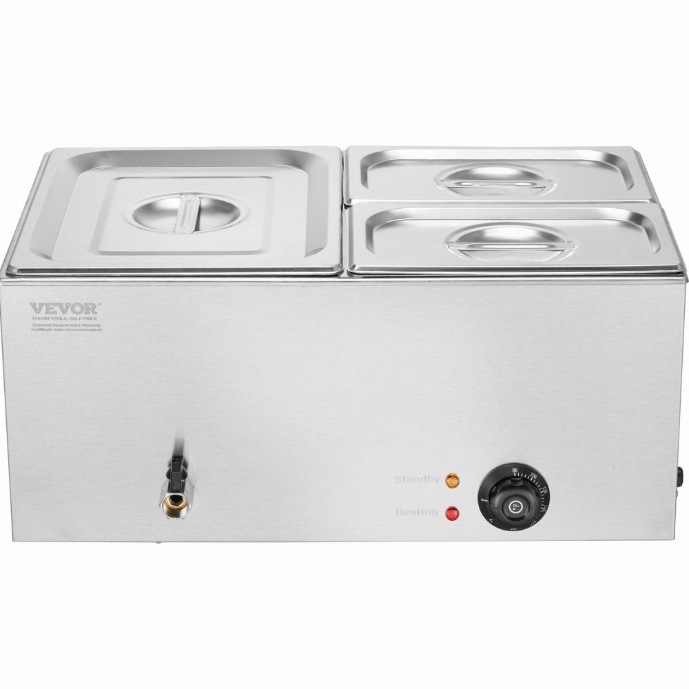 VEVOR 24QT Commercial Food Warmer, 3-Pan Electric Steam Table, 1200W Professional Countertop Stainless Steel Buffet Bain Marie with 86-185°F Temp Control for Catering, Buffet, Parties, Restaurants