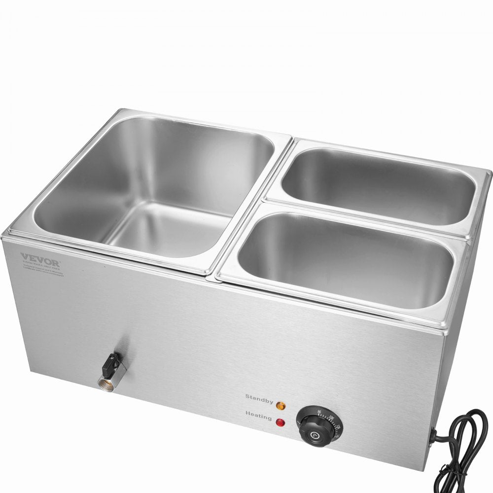 VEVOR 24QT Commercial Food Warmer, 3-Pan Electric Steam Table, 1200W Professional Countertop Stainless Steel Buffet Bain Marie with 86-185°F Temp Control for Catering, Buffet, Parties, Restaurants