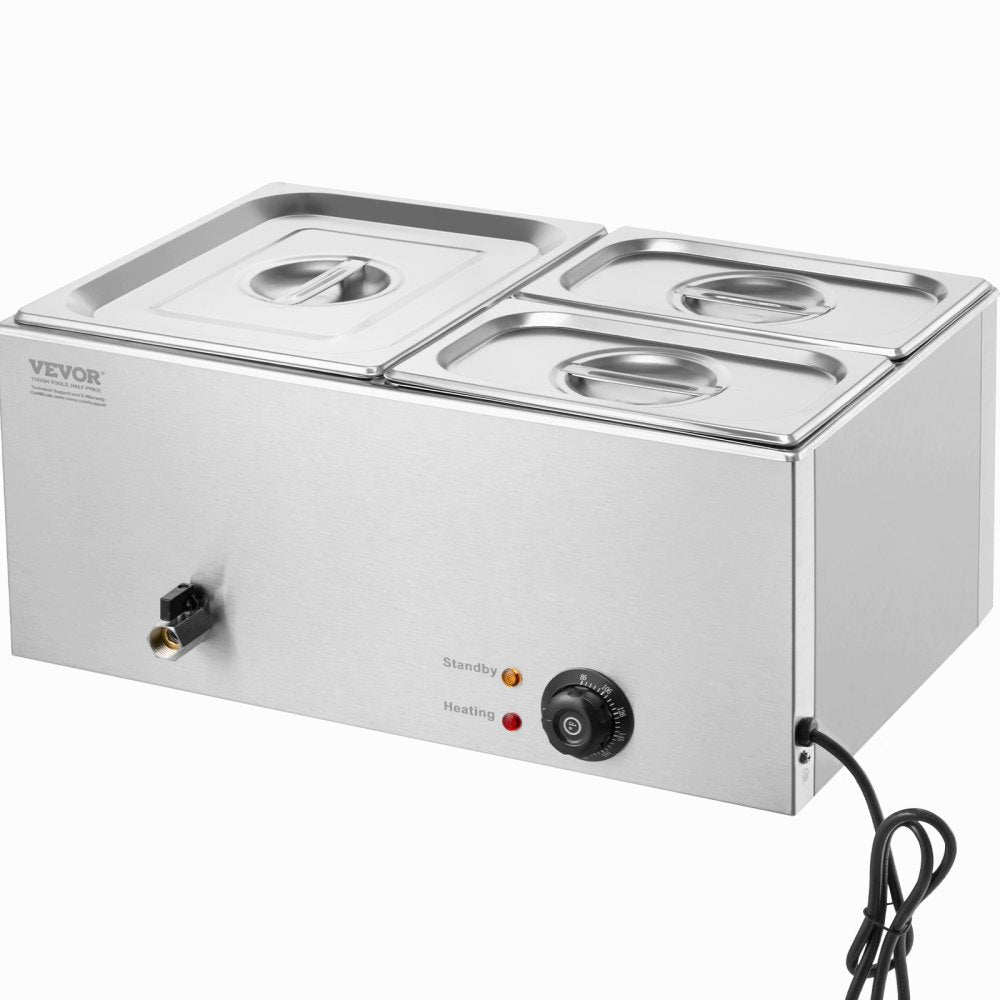 VEVOR 24QT Commercial Food Warmer, 3-Pan Electric Steam Table, 1200W Professional Countertop Stainless Steel Buffet Bain Marie with 86-185°F Temp Control for Catering, Buffet, Parties, Restaurants