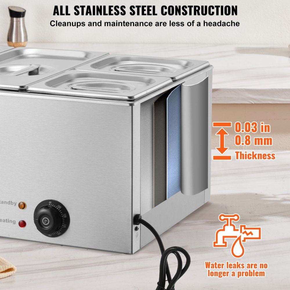 VEVOR 4-Pan Commercial Food Warmer, 16.4QT Electric Steam Table, 1200W Professional Countertop Stainless Steel Buffet Bain Marie with 86-185°F Temp Control for Catering and Restaurants, Silver