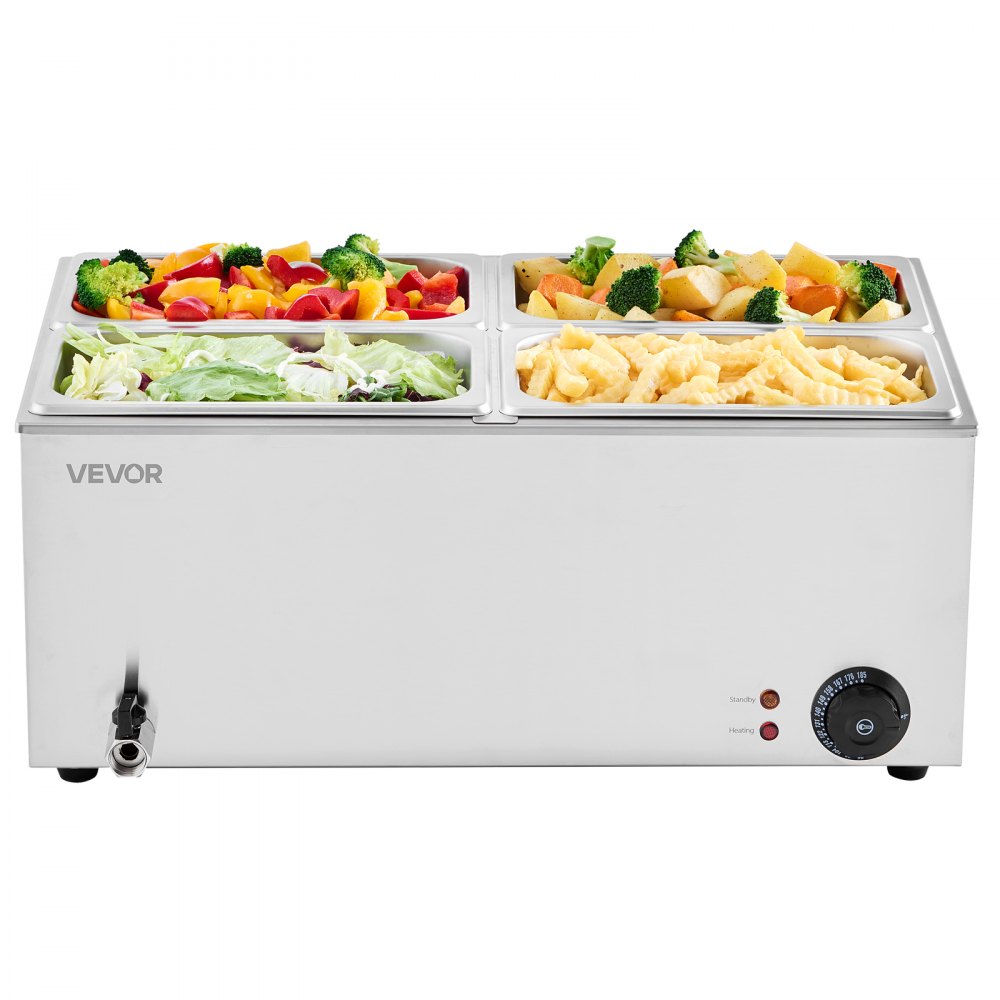 VEVOR 24QT Commercial Food Warmer, 4-Pan Electric Steam Table, 1200W Professional Countertop Stainless Steel Buffet Bain Marie with 86-185°F Temp Control for Catering, Buffet, Parties, Restaurants