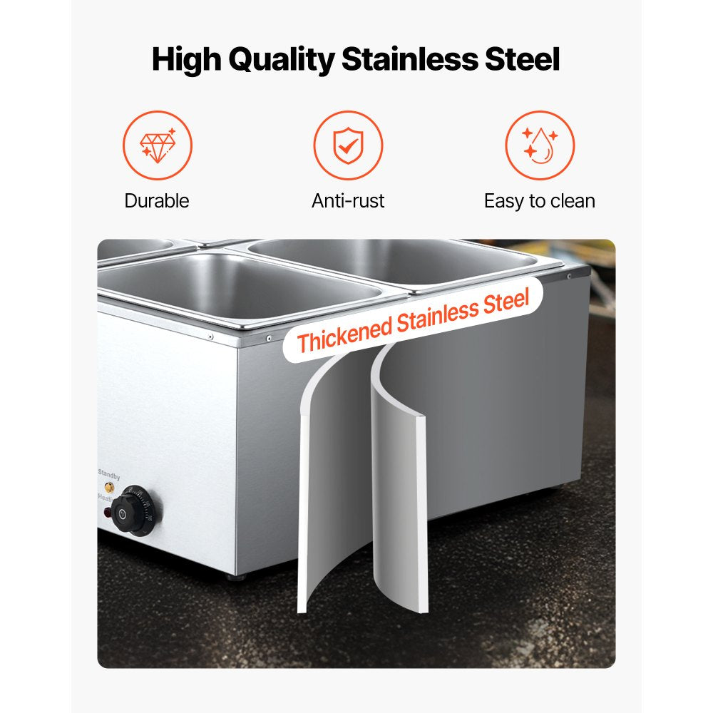 VEVOR Commercial Food Warmer, 1500W Electric Stainless Steel Steam Food Warmer with Lid, 4-Pan Fast Heating Countertop Buffet Bain Marie with Soup & Perforated Ladles, for Catering, Restaurant, Party