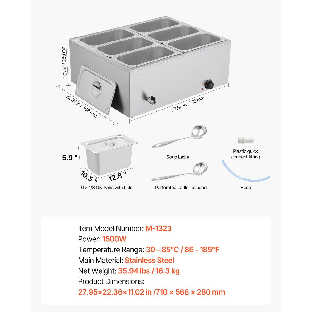 VEVOR Commercial Food Warmer, 1500W Electric Stainless Steel Steam Food Warmer with Lid, 6-Pan Fast Heating Countertop Buffet Bain Marie with Soup & Perforated Ladles, for Catering, Restaurant, Party