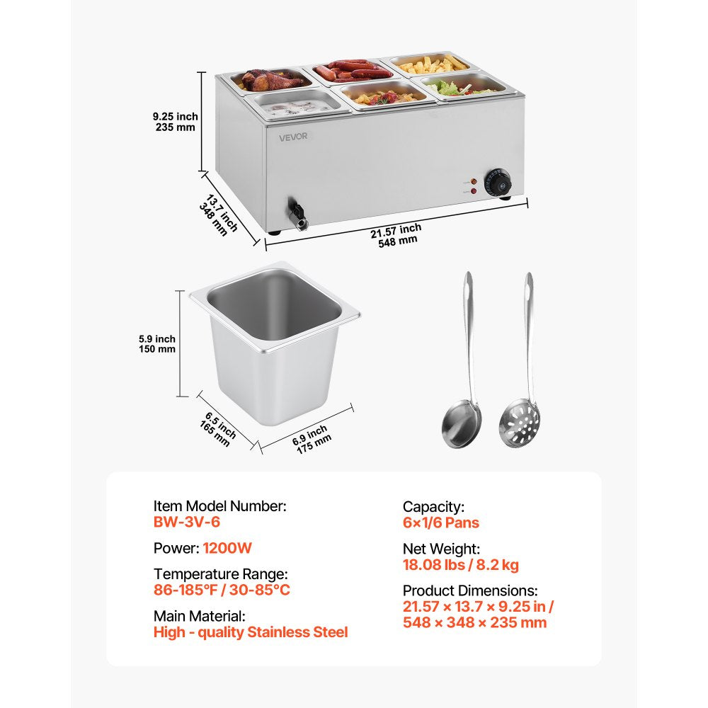 VEVOR 24QT Commercial Food Warmer, 6-Pan Electric Steam Table, 1200W Professional Countertop Stainless Steel Buffet Bain Marie with 86-185°F Temp Control for Catering, Buffet, Parties, Restaurants