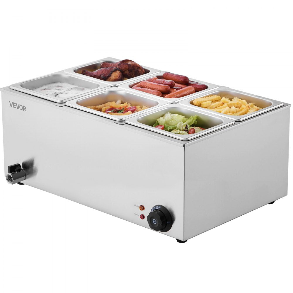 VEVOR 24QT Commercial Food Warmer, 6-Pan Electric Steam Table, 1200W Professional Countertop Stainless Steel Buffet Bain Marie with 86-185°F Temp Control for Catering, Buffet, Parties, Restaurants
