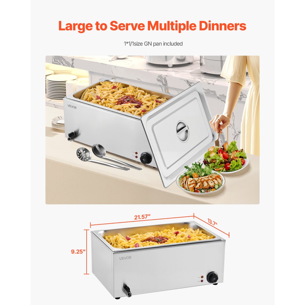 VEVOR 24QT Commercial Food Warmer, Full-Size Pan Electric Steam Table, 1200W Professional Countertop Stainless Steel Buffet Bain Marie with 86-185°F Temp Control for Catering, Buffet, Restaurants