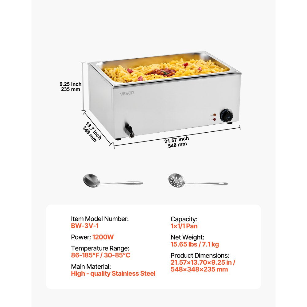 VEVOR 24QT Commercial Food Warmer, Full-Size Pan Electric Steam Table, 1200W Professional Countertop Stainless Steel Buffet Bain Marie with 86-185°F Temp Control for Catering, Buffet, Restaurants