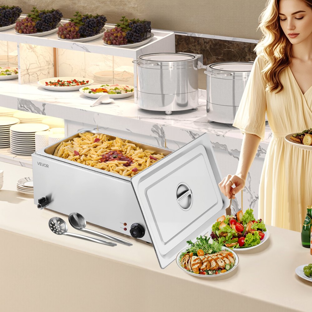VEVOR 24QT Commercial Food Warmer, Full-Size Pan Electric Steam Table, 1200W Professional Countertop Stainless Steel Buffet Bain Marie with 86-185°F Temp Control for Catering, Buffet, Restaurants