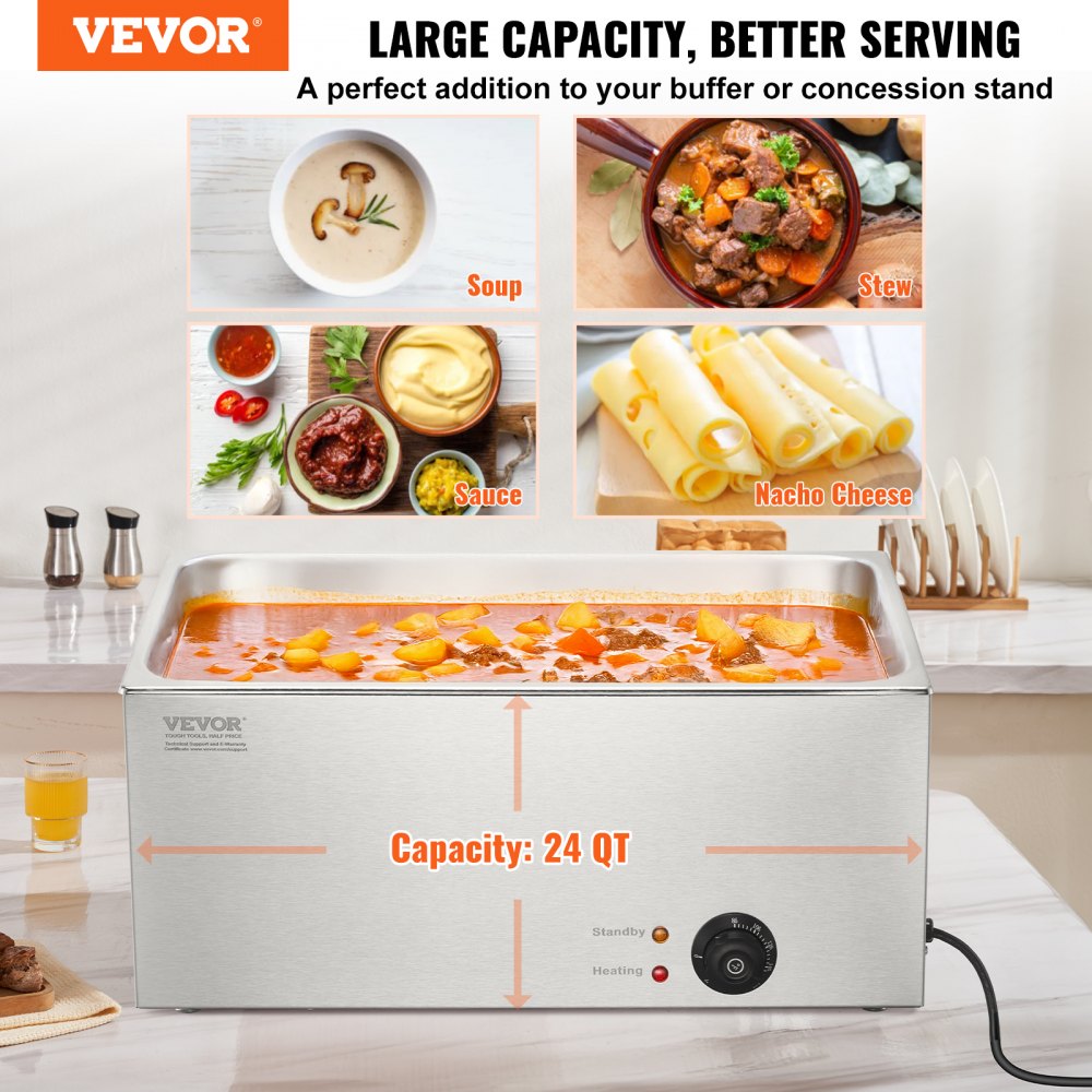 VEVOR Commercial Food Warmer 19QT Bain Marie 1200W Electric Buffet Warmer Steam Table Food Warmer Countertop Stainless Steel Food Warmer Wet or Dry Use for Parties, Catering and Restaurant