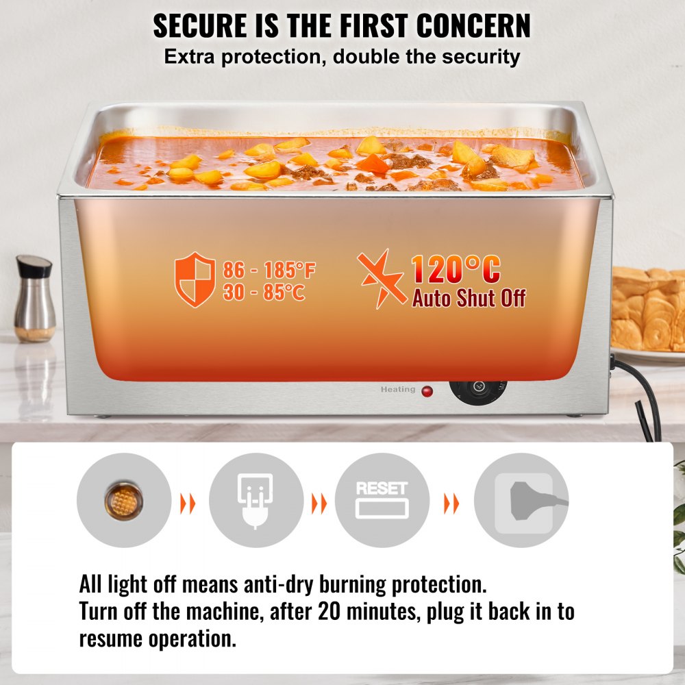VEVOR Commercial Food Warmer 19QT Bain Marie 1200W Electric Buffet Warmer Steam Table Food Warmer Countertop Stainless Steel Food Warmer Wet or Dry Use for Parties, Catering and Restaurant