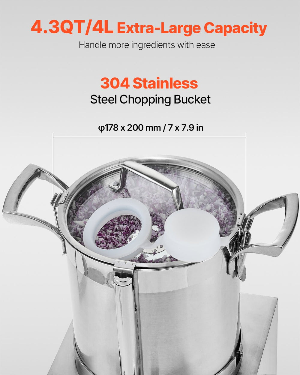VEVOR Food Processor & Vegetable Chopper 4.3QT/4L capacity and 304 stainless bucket feature image