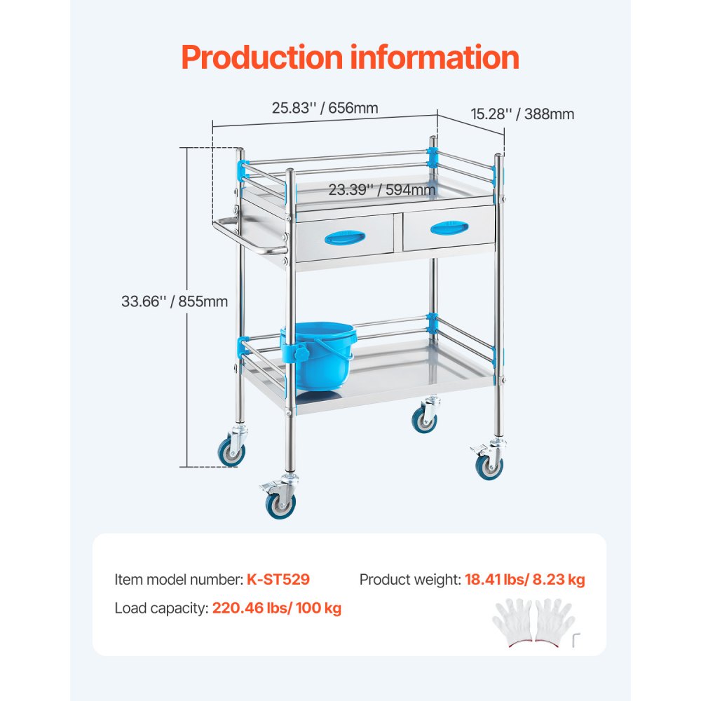 VEVOR Lab Serving Cart, 2 Layers Stainless Steel Utility Rolling Cart, Medical Cart with Two Drawers, Dental Utility Cart with Lockable Wheels and A Bucket, for Laboratory, Hospital, Dental Use