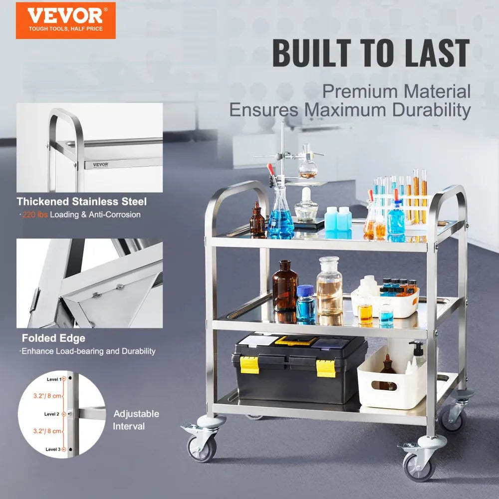 VEVOR Stainless Steel Cart, 3 Layers Lab Utility Cart 400 lbs Weight Capacity, Medical Cart with Lockable Universal Wheels, for Lab, Clinic, Kitchen, Salon