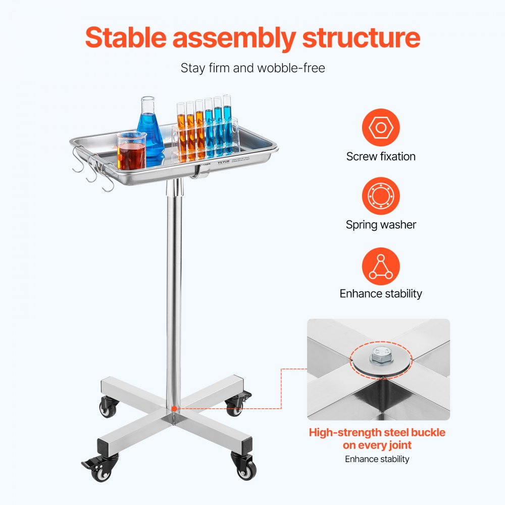VEVOR Mayo Stand, Stainless Steel Mayo Tray, Load Capacity up to 35 lbs, Adjustable Height 25.2"-39.8", Medical Tray on Wheels with Removable Tray for Spa, Salon, Clinic, Personal Care