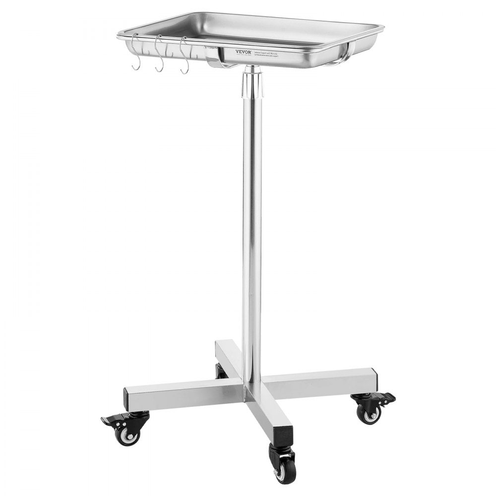 VEVOR Mayo Stand, Stainless Steel Mayo Tray, Load Capacity up to 35 lbs, Adjustable Height 25.2"-39.8", Medical Tray on Wheels with Removable Tray for Spa, Salon, Clinic, Personal Care