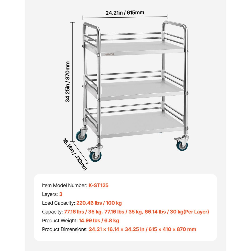 VEVOR Stainless Steel Cart, 3-Tier Rolling Lab Utility Cart with Lockable Wheels, Medical Serving Trolley Clinic Tray, Heavy Duty Mobile Service Storage Tray for Hospital, Restaurant, Kitchen, Salon