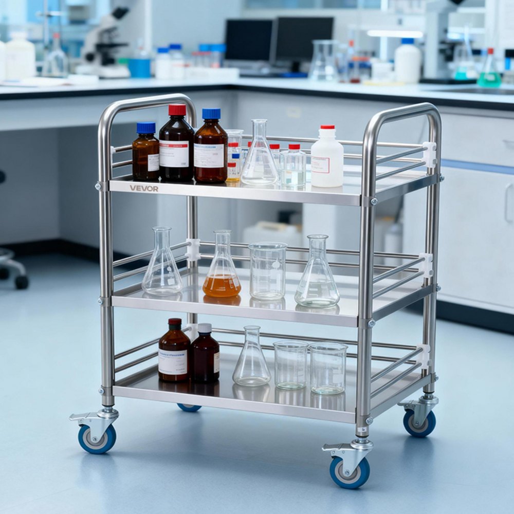 VEVOR Stainless Steel Cart, 3-Tier Rolling Lab Utility Cart with Lockable Wheels, Medical Serving Trolley Clinic Tray, Heavy Duty Mobile Service Storage Tray for Hospital, Restaurant, Kitchen, Salon