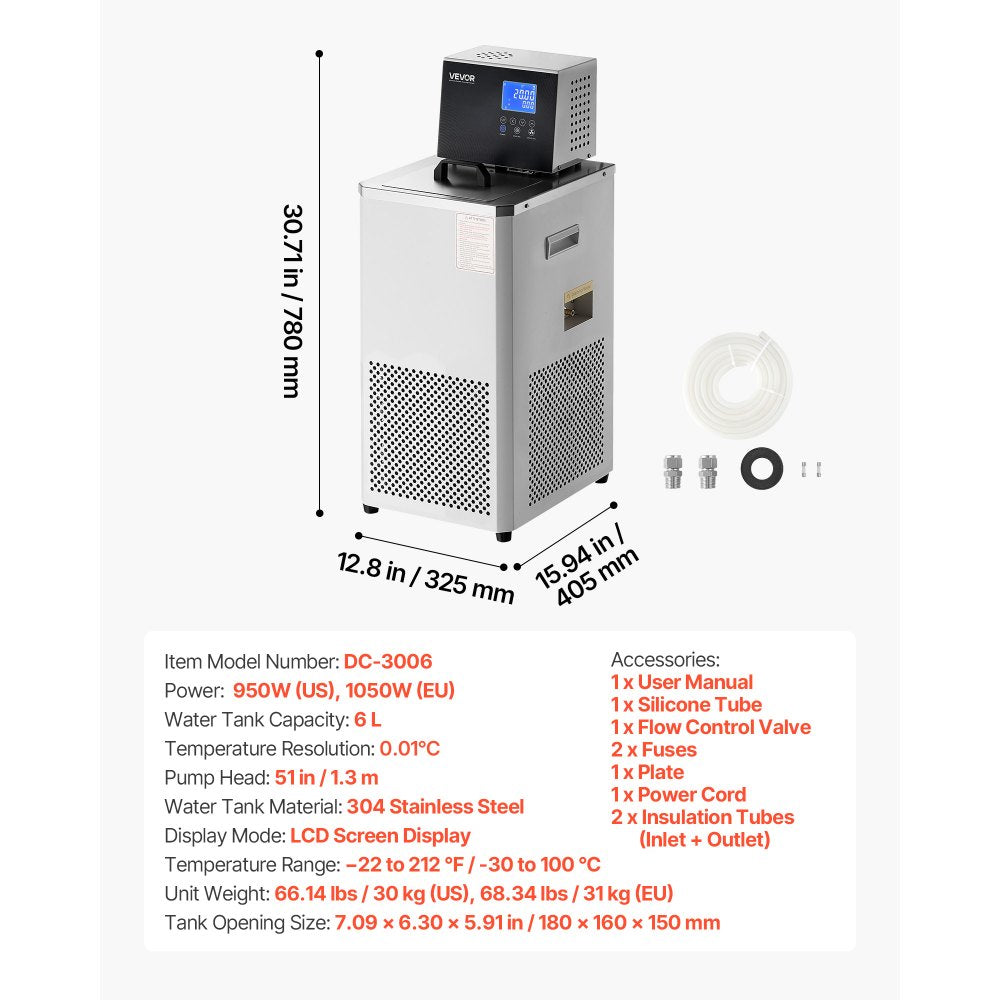 VEVOR Laboratory Chiller Circulator, -30℃-100℃, 6 L Internal and External Dual Circulation, Low Temperature Cooling Liquid Circulator Pump Chiller, Recirculating Chiller Water Bath for Laboratory