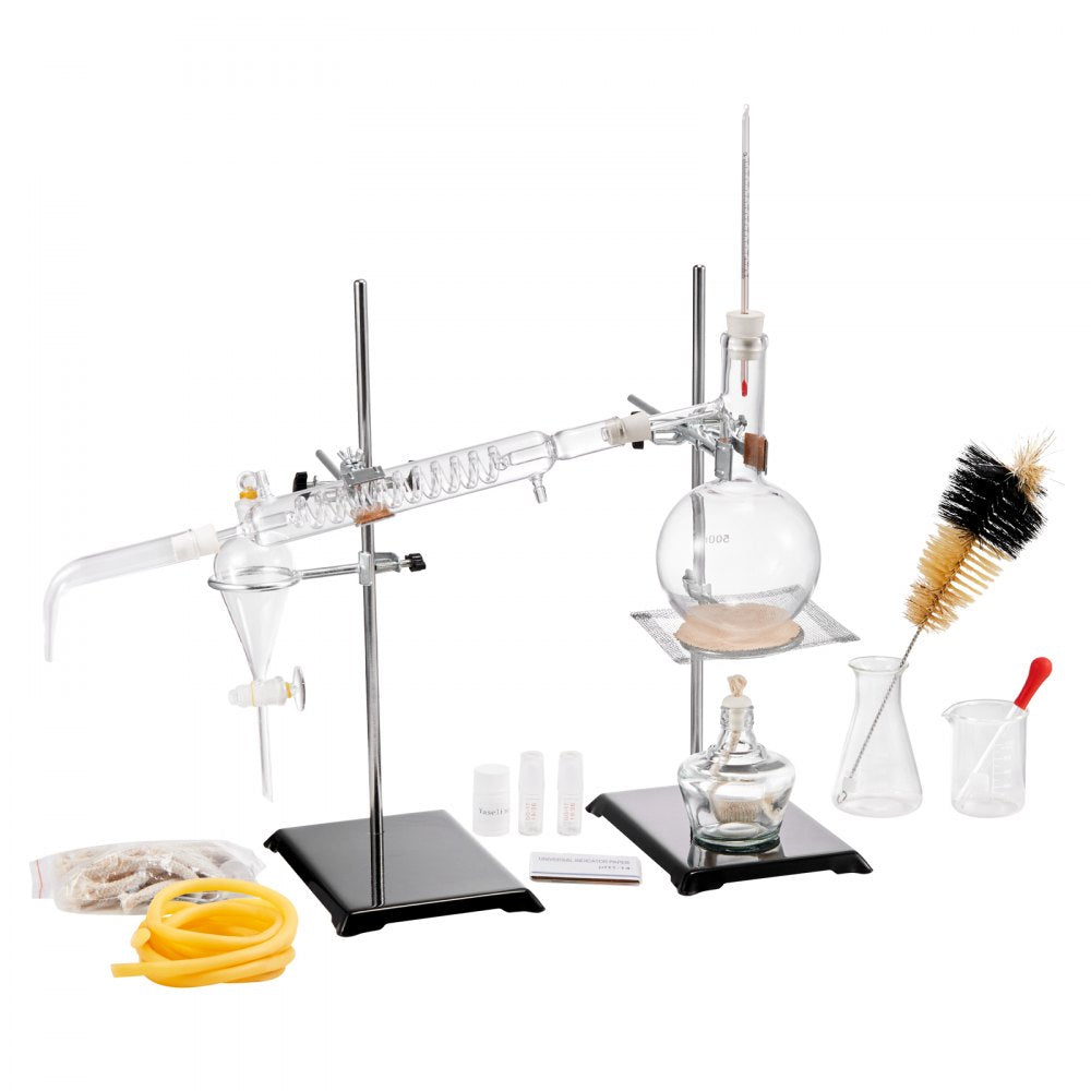 VEVOR Essential Oil Distillation Kit, 500ml Distillation Apparatus, 3.3 Boro Lab Glassware Distillation Kit with Alcohol Lamp, Ceramic Mesh and 24, 40 Joint, 28 pcs Set