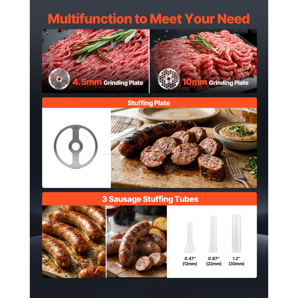 VEVOR Commercial Meat Grinder, 21 Lbs/Min Capacity, #32 Electric Meat Mincer with 3 Plates, 3 Sausage Stuff Tubes, 1100W/1.5HP Stainless Steel Sausage Maker for Home Kitchens & Restaurants, ETL Listed