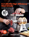 VEVOR commercial meat grinder feature image: 9.2 lbs/min, 750W (1HP) motor, ETL certification