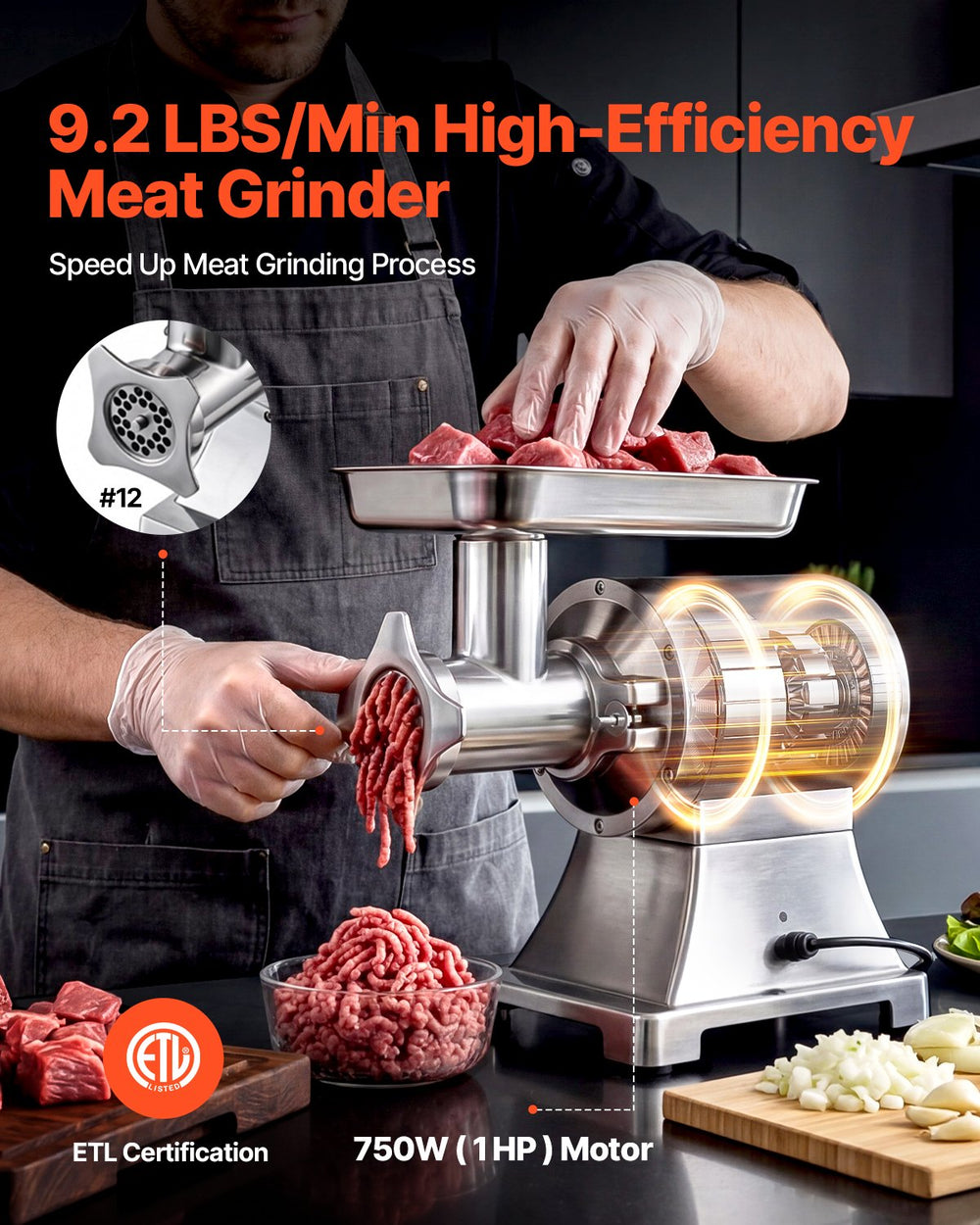 VEVOR commercial meat grinder feature image: 9.2 lbs/min, 750W (1HP) motor, ETL certification